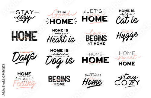 Cute typography quotes with home cozy phrases. Isolated on white background. Motivational hygge lettering. Scandinavian danish style. Vector. Home sweet. photo