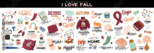 Cute illustration with autumn and winter cozy elements. Isolated on white background. Motivational typography of holidays hygge quotes. Scandinavian danish style. Vector