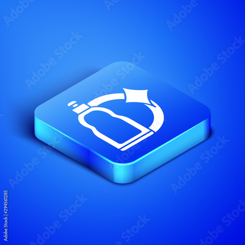 Isometric Plastic bottle for liquid laundry detergent, bleach, dishwashing liquid or another cleaning agent icon isolated on blue background. Blue square button. Vector Illustration