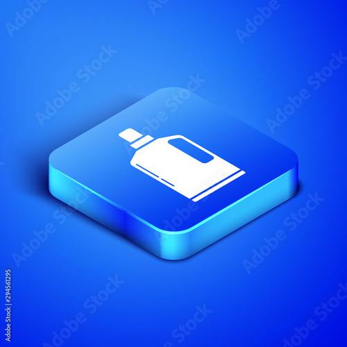 Isometric Plastic bottle for liquid laundry detergent, bleach, dishwashing liquid or another cleaning agent icon isolated on blue background. Blue square button. Vector Illustration