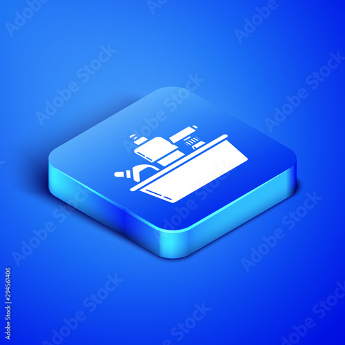 Isometric Plastic bottles for liquid laundry detergent, bleach, dishwashing liquid or another cleaning agent icon isolated on blue background. Blue square button. Vector Illustration