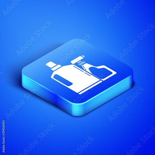 Isometric Plastic bottles for liquid laundry detergent, bleach, dishwashing liquid or another cleaning agent icon isolated on blue background. Blue square button. Vector Illustration