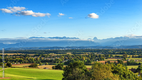 landscape of Pau city, Pyrenees mountains on background photo
