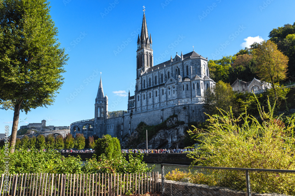 View of the basilica of Lourdes city, France