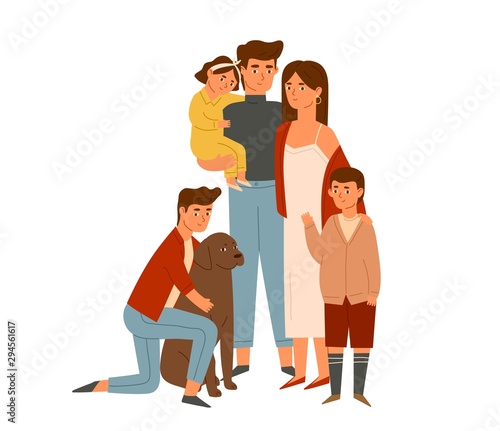 Happy big family portrait flat illustration. Wife and husband with kids. Parents, children and dog together isolated on white. Mother, father, sons and daughter standing cartoon characters.