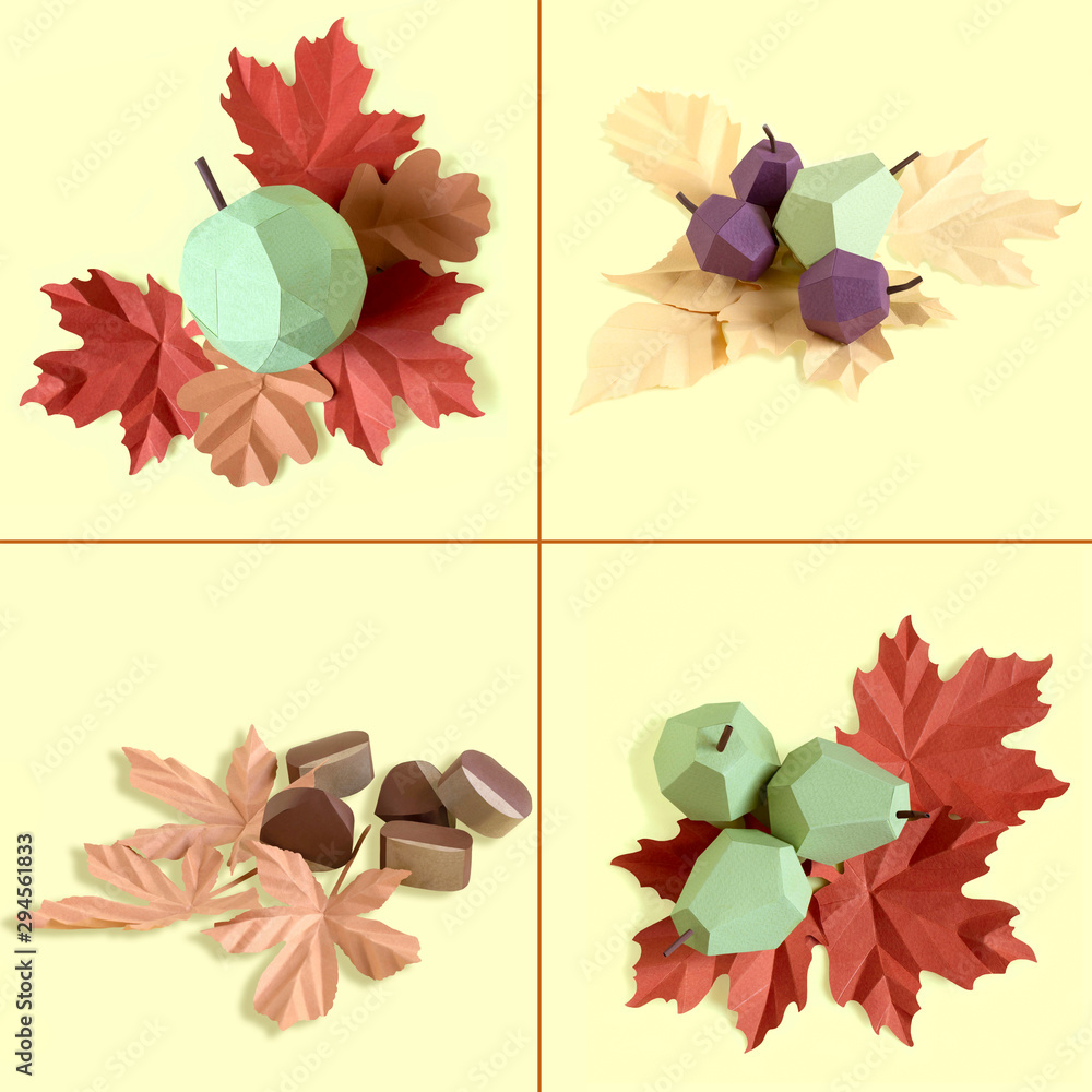 Collage of autumn fruits, vegetables and leaves made of paper