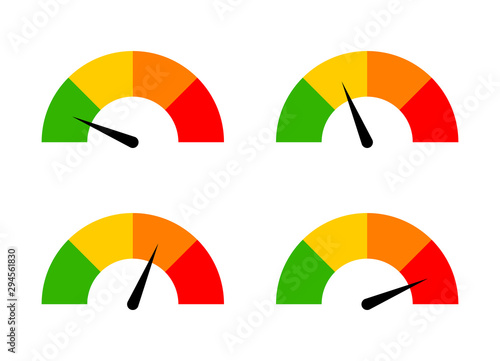 A set of speed performance gauges / measurement gauge from low to high flat vector icons for apps and websites