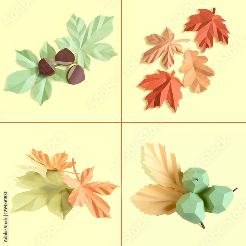 Collage of autumn fruits  vegetables and leaves made of paper