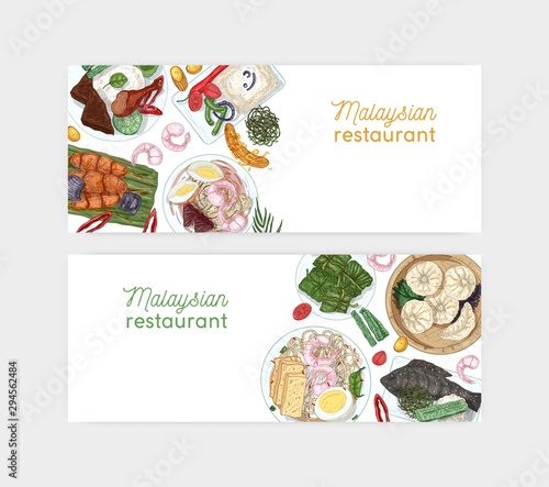 Malaysian restaurant hand drawn banner vector template. Traditional oriental dishes and appetizers realistic illustrations. Asian culinary background with place for text. Cafe advertising layout.