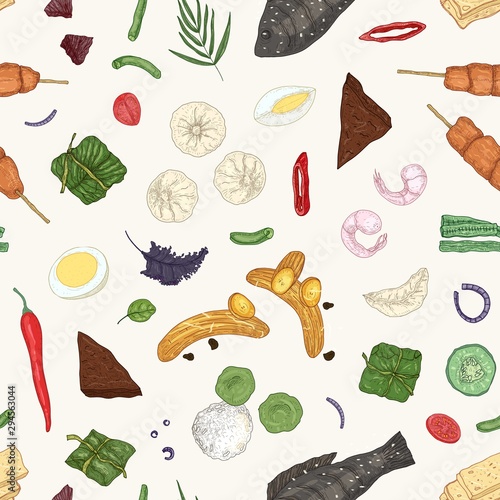 Malaysian cuisine hand drawn vector seamless pattern. Oriental dishes, meals ...