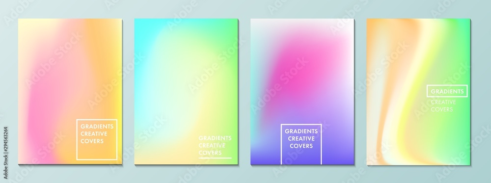Vector illustration of bright color background with mesh gradient texture for minimal dynamic cover design. Blue, pink, yellow, green placard poster template. EPS 10