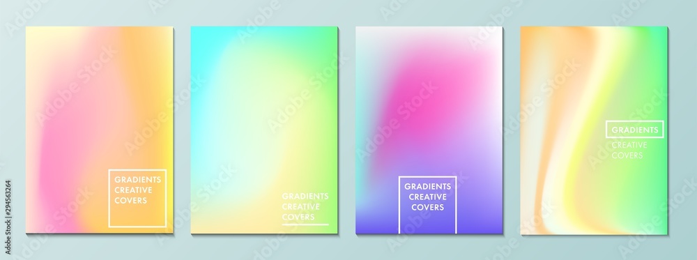 Obraz premium Vector illustration of bright color background with mesh gradient texture for minimal dynamic cover design. Blue, pink, yellow, green placard poster template. EPS 10