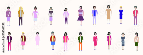 Set of full body diverse business people. Fashion woman, female, girls stay on white background. Vector illustration flat style. Work and Team concept