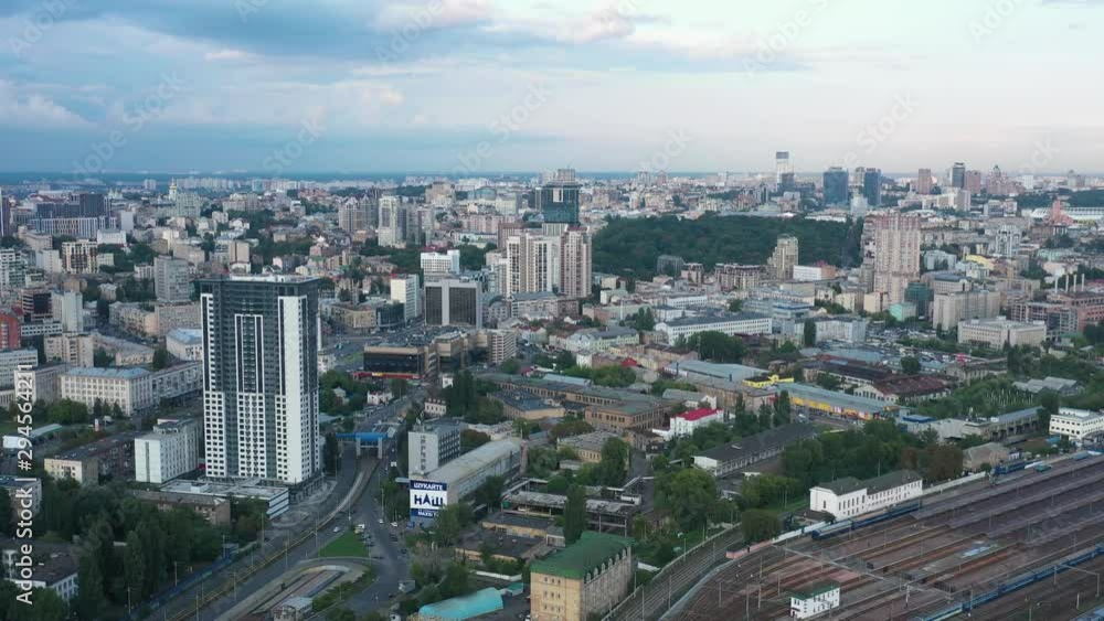 Aerial View of Skyline of Kyiv, Ukraine With Railroad Tracks and Busy Streets in View Aerial View of Skyline of Kyiv, Ukraine With Railroad Tracks and Busy Streets in View