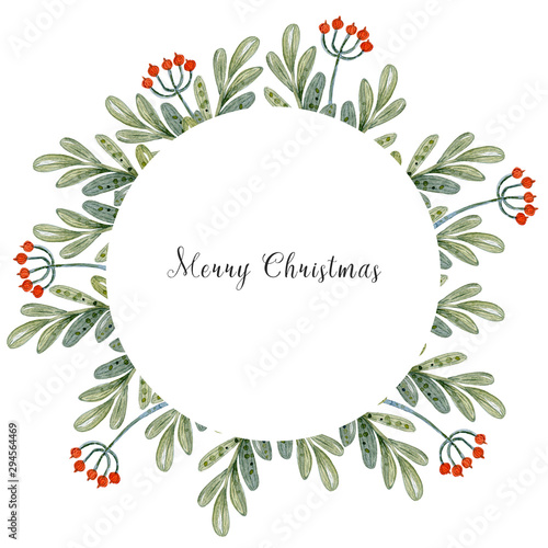 Watercolor winter wreath with eucalyptus and fir branch. Hand painted eucalyptus leaves and pine needle isolated on white background. Holiday floral illustration for design, print or background