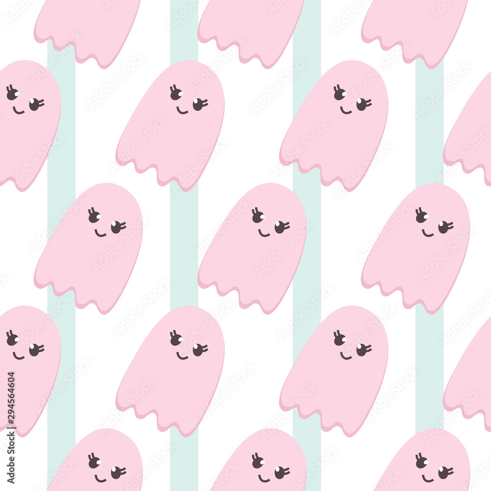 Halloween Seamless Pattern of Flying Ghosts. Cute Nursery room wallpaper, kids card. Pastel colors scared Cartoon character isolated on brush background. Printable flat style Halloween Seamless Pattern of Flying Ghosts. Cute Nursery room wallpaper, kids card. Pastel colors scared Cartoon character isolated on brush background. Printable flat style