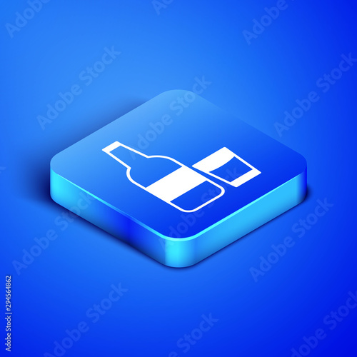 Isometric Closed glass bottle with milk and glass icon isolated on blue background. Blue square button. Vector Illustration