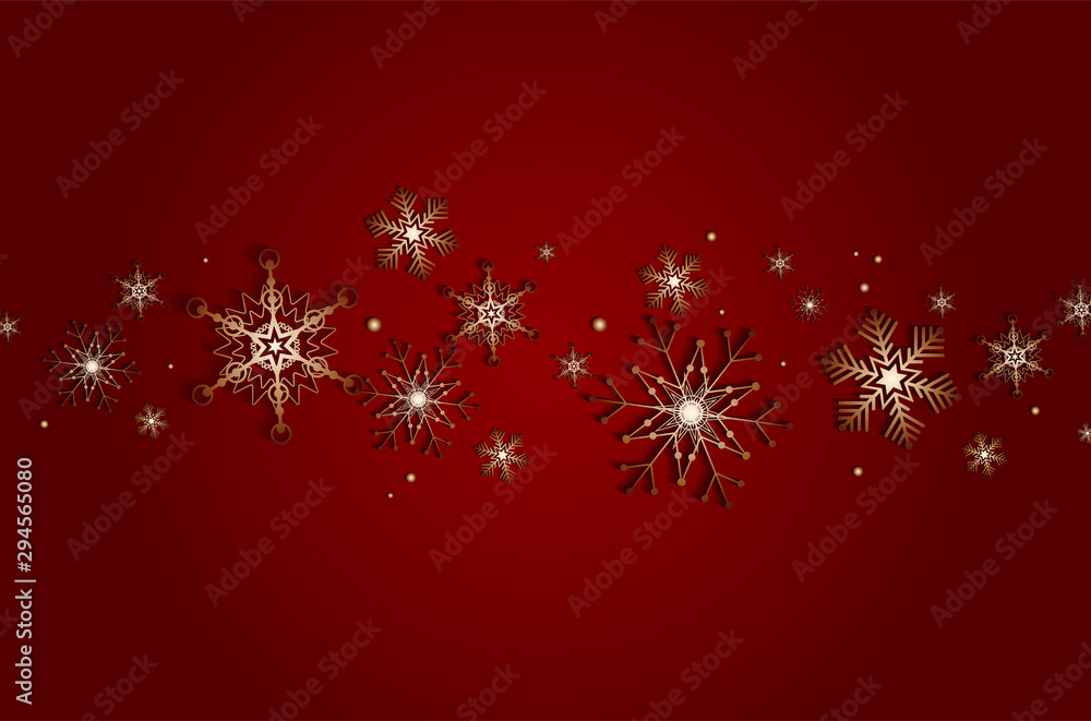 Red background with abstract golden snowflakes