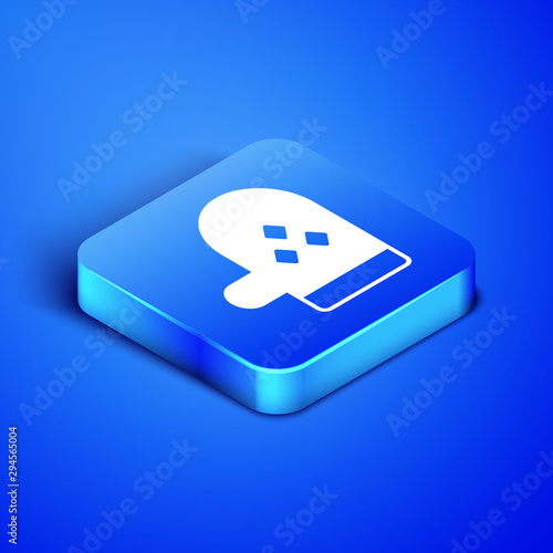 Isometric Oven glove icon isolated on blue background. Kitchen potholder sign. Cooking glove. Blue square button. Vector Illustration