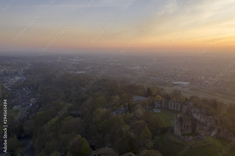 Sunrise aerial view over Dudley West Midlands town and castle