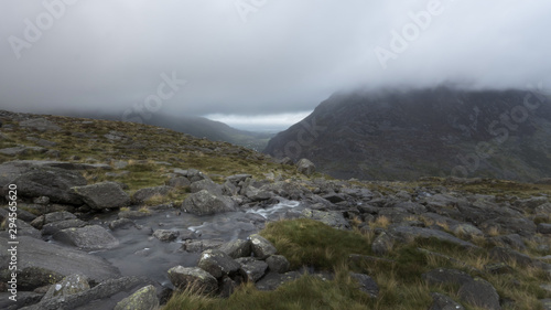Wet raining weather in Snowdonia with rocky stream in the Mountains