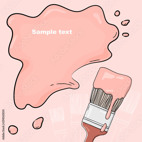 Creative frame with brush and paint on pink background. The paint is spreading and dripping. Template.
