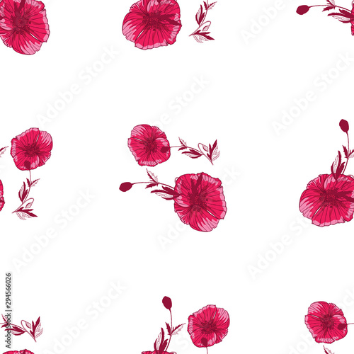 Flourish poppies pattern in line art style. Poppy flower line art. Botanical seamless vector texture. Colorful background blossoming bloomy vector. Wildflowers handcrafted artsy poppy surface design