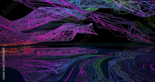 Abstract architectural smooth white interior of a minimalist wires with color gradient neon lighting and black water. 3D illustration and rendering.