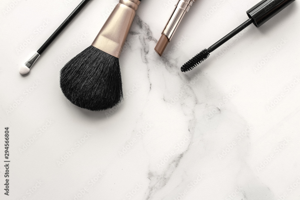 Make-up and cosmetics products on marble, flatlay background - obrazy, fototapety, plakaty 