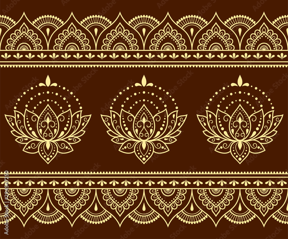 Seamless pattern of mehndi lotus flower and border for Henna drawing and tattoo. Decorative doodle ornament in ethnic oriental, Indian style. Outline hand draw vector illustration. <span>plik: #294567250 | autor: Katikam</span>