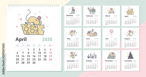 Vector 2020 new year creative monthly calendar for kids with cute funny mice animals characters hand drawn illustrations design template. Pastel colours cards. Desktop  print.