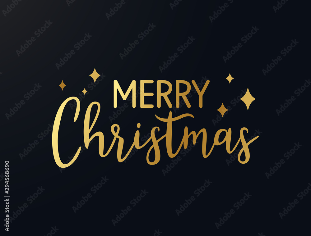 Merry Christmas gold hand drawn lettering. Shine golden xmas text with stars. Luxury Christmas calligraphy. Winter holiday greeting quote for cards, photo overlays, invitations. Vector illustration