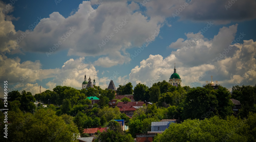 Aerial view to Osyotr river and Zaraysk Kremlin wall with bastion and tower, Moscow region, Russia Aerial view to Osyotr river and Zaraysk Kremlin wall with bastion and tower, Moscow region, Russia