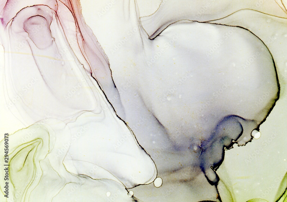Abstract illustration in alcohol ink technique. Olive green and dark violet marble background. Wash drawing effect wallpaper. Modern illustration for card design, banners, ethereal graphic design. Abstract illustration in alcohol ink technique. Olive green and dark violet marble background. Wash drawing effect wallpaper. Modern illustration for card design, banners, ethereal graphic design.