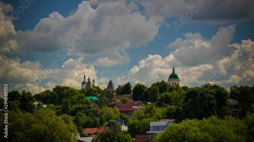 Aerial view to Osyotr river and Zaraysk Kremlin wall with bastion and tower, Moscow region, Russia photo