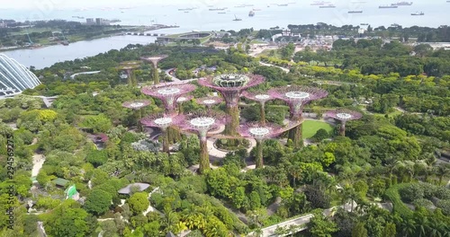 Supertree Grove footage done from the air by drone discending above the park, Gardens By the Bay, Singapore