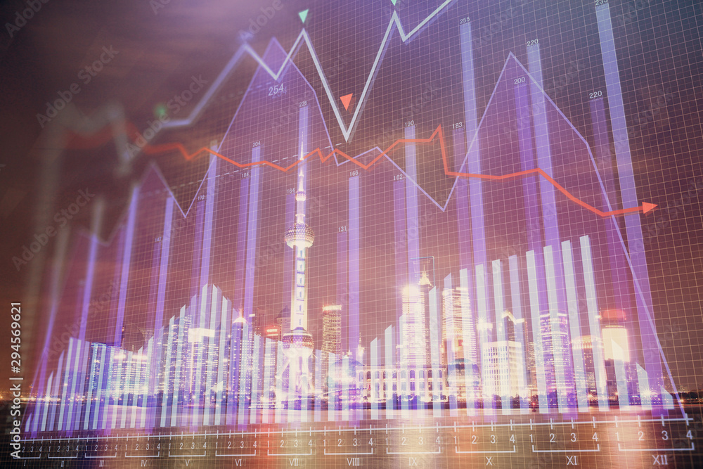 Financial graph on night city scape with tall buildings background multi exposure. Analysis concept. Financial graph on night city scape with tall buildings background multi exposure. Analysis concept.