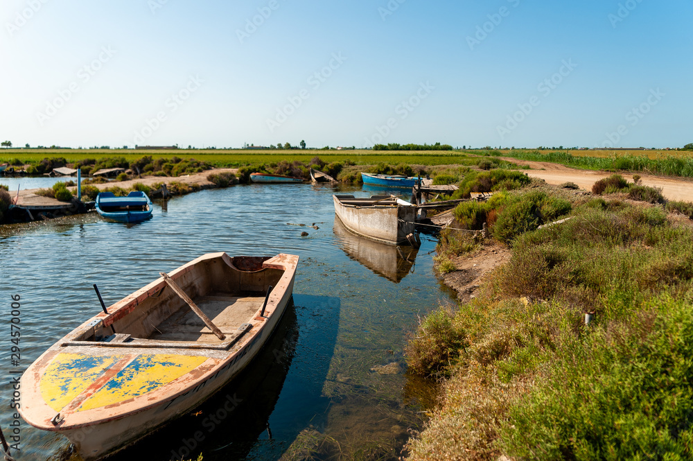 traditional wooden fishing boats abandoned in ebro delta national park in catalonia, symbol of fishing problems and economic crisis