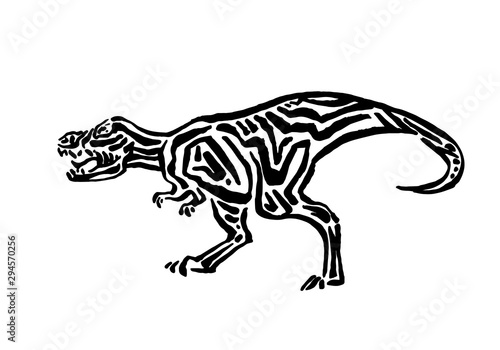 Ancient extinct jurassic t-rex dinosaur vector illustration ink painted, hand drawn grunge prehistoric tyrannosaur rex reptile, black isolated silhouette on white background