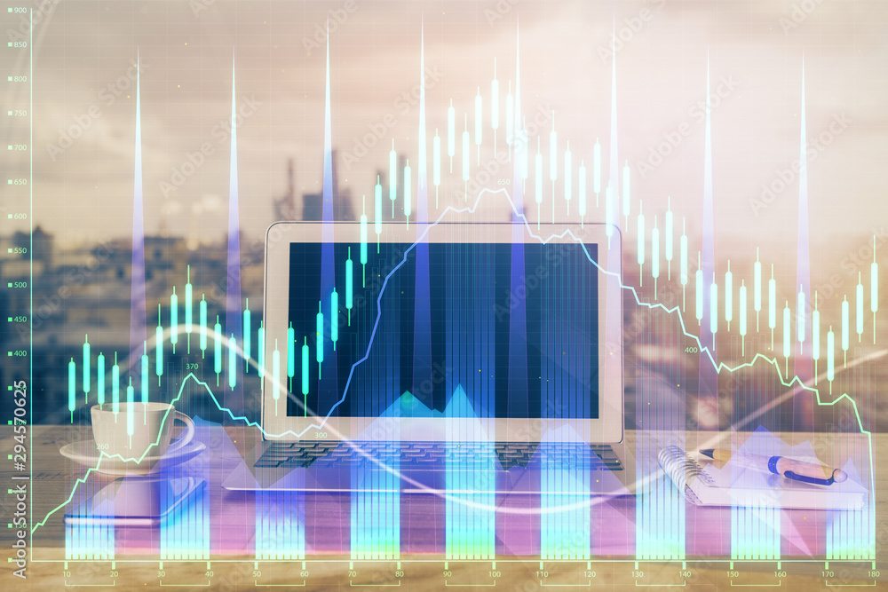 Stock market graph on background with desk and personal computer. Multi exposure. Concept of financial analysis. Stock market graph on background with desk and personal computer. Multi exposure. Concept of financial analysis.