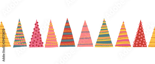 Abstract colorful Christmas trees seamless vector border. Decorative hand drawn repeating Winter holiday pattern for decoration, greeting cards, digital scrapbooking, kids decor, banner, ribbon, trims