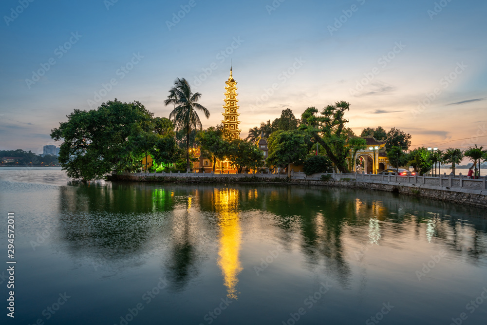 Tran Quoc pagoda, the oldest Buddhist temple in Hanoi, at twilight. The famous destination travel in Hanoi