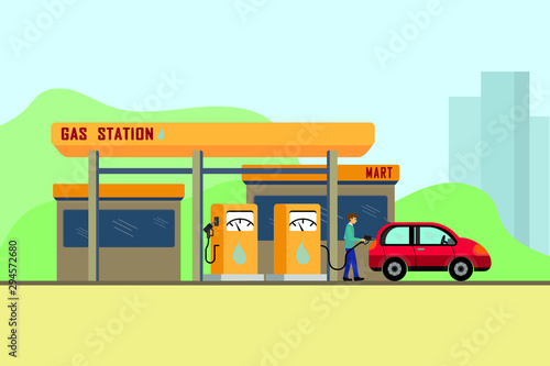 Gas station with man refueling car on gas station.