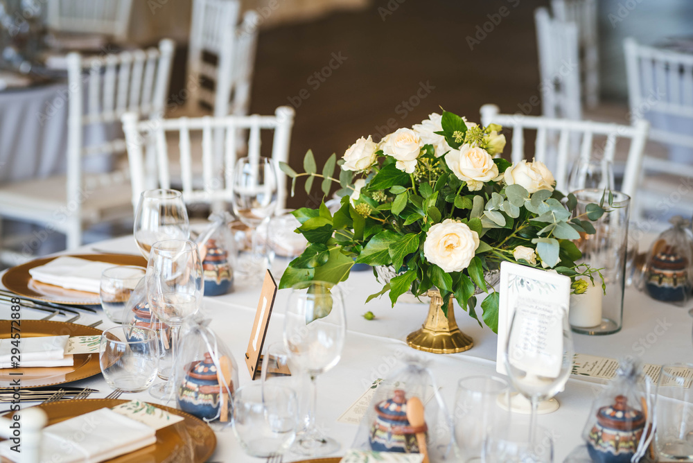 Luxury wedding table decoration. Special event table set up. Fresh flower decoration.
