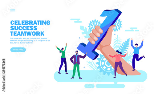 team celebrating with hand with number 1 joyfully