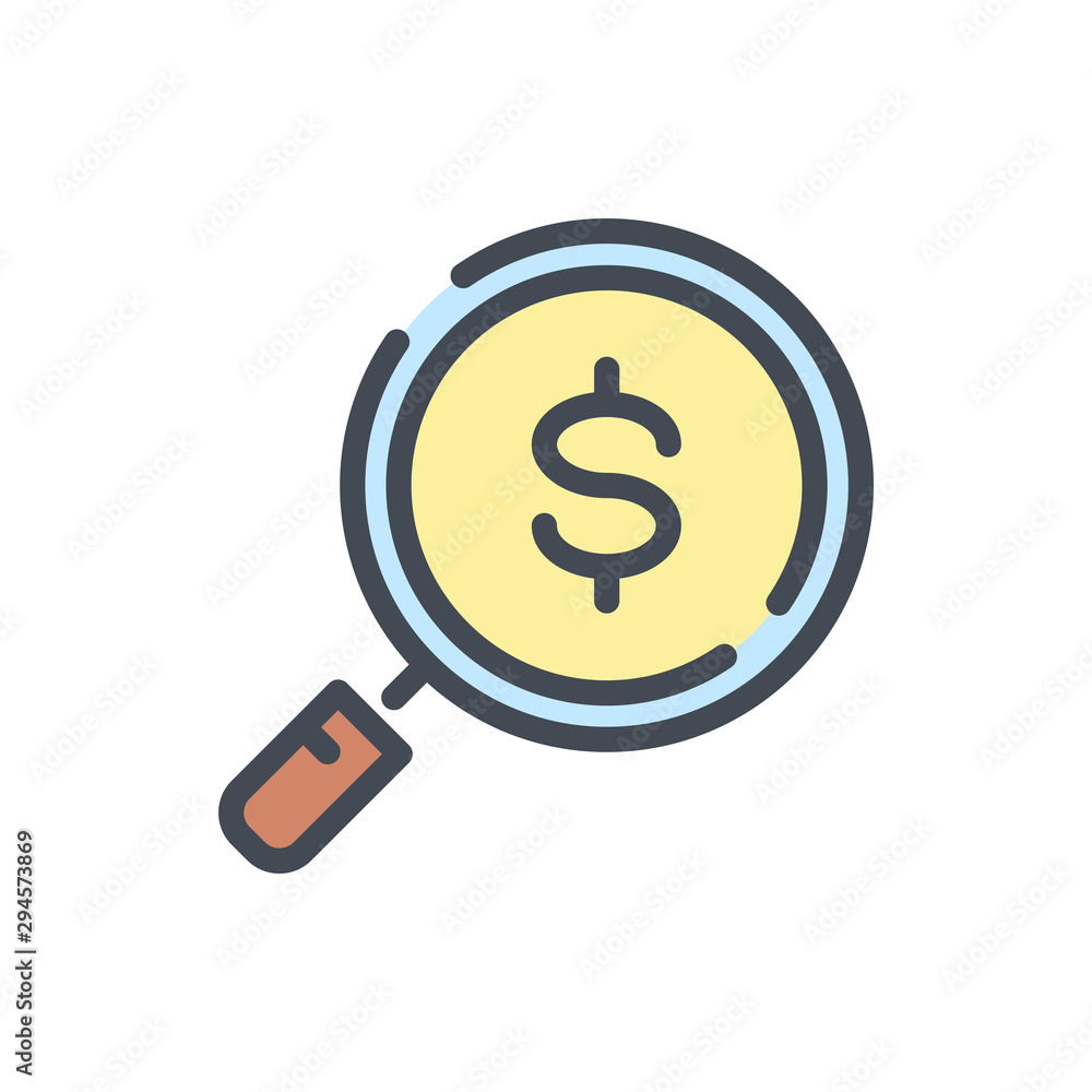 Money search color line icon. Magnifier with dollar vector outline colorful sign. Money search color line icon. Magnifier with dollar vector outline colorful sign.