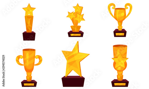 Vector Illustrations Set With Golden Cups And Trophies On Pedestals