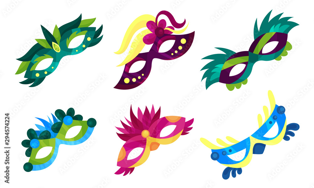 Six Bright Colorful Carnival Masks Vector Illustrations Set