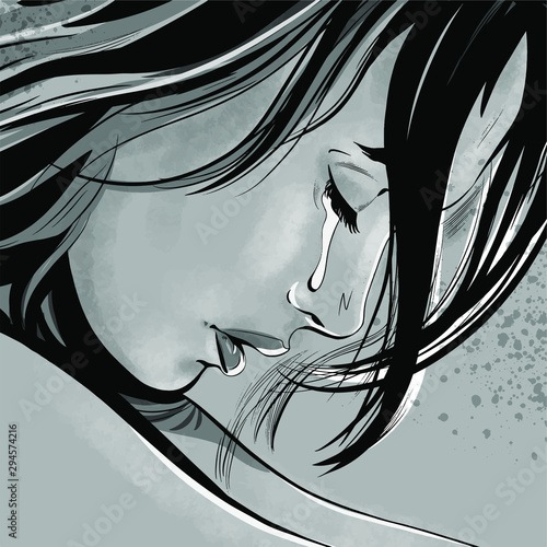 Woman face in profile with tears in her eyes with eyelashes lowered close up, crying girl, illustration in comic style