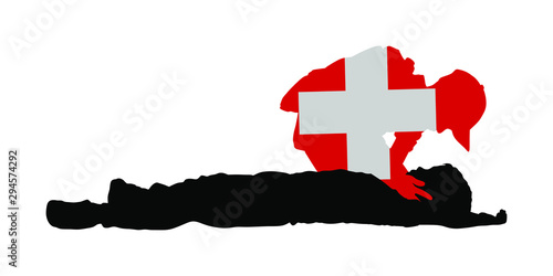 Boy helps friend in unconscious drowning. Car accident victim. Paramedic rescue patient first aid vector silhouette. Sneak attack rescue team. Fire victim evacuation. Health care training dead body.